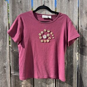 Vintage Fashion Bug Women's Short Sleeve Button Accent Tee Maroon 100% Cotton